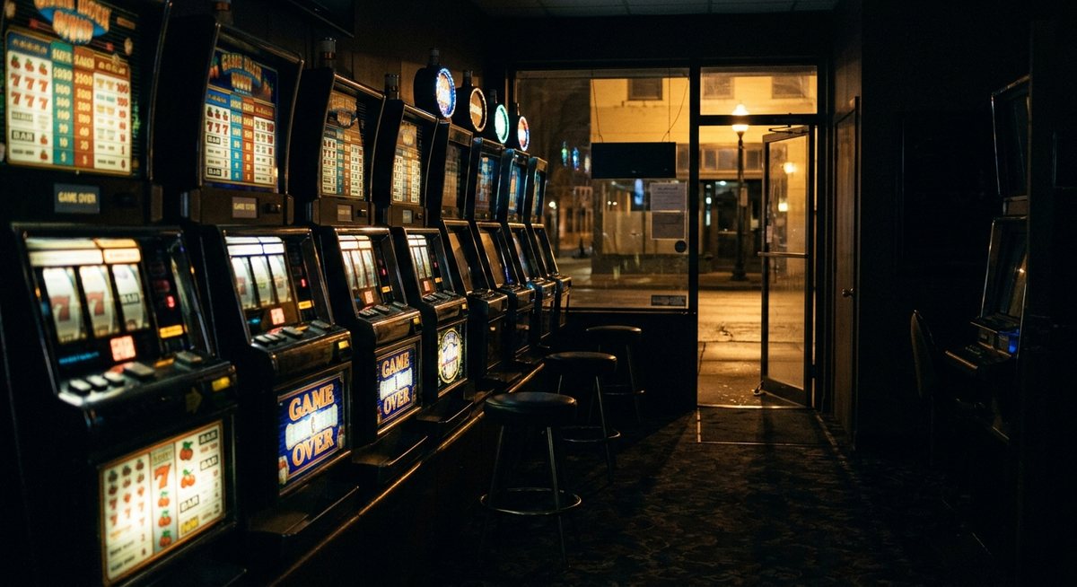 Mesin slot dalam ruangan malam dengan lampu meredup dan pintu terbuka menyorotkan cahaya jalan