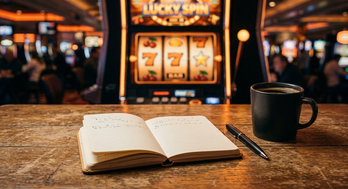Buku catatan kecil dan cangkir kopi di meja dengan mesin slot bernuansa oranye di latar belakang