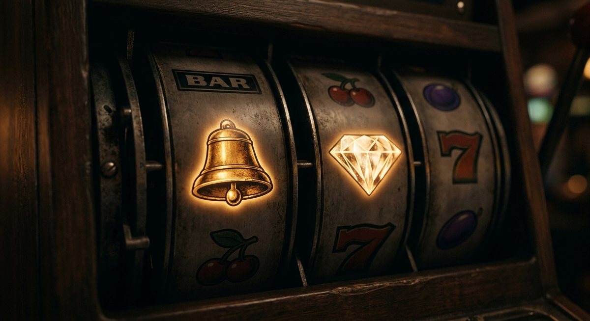 Close-up gulungan slot dengan simbol bel kuningan dan berlian menyala lembut dalam cahaya hangat
